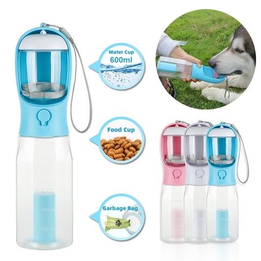 3-in-1 Portable Pet Water Bottle-Food Dispenser & Waste Bag Holder
