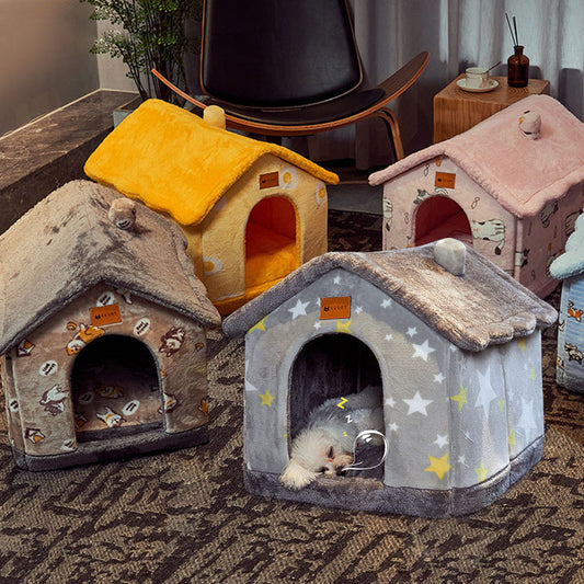 Foldable Cave-Style Pet Bed – Enclosed House for Cats & Small Dogs