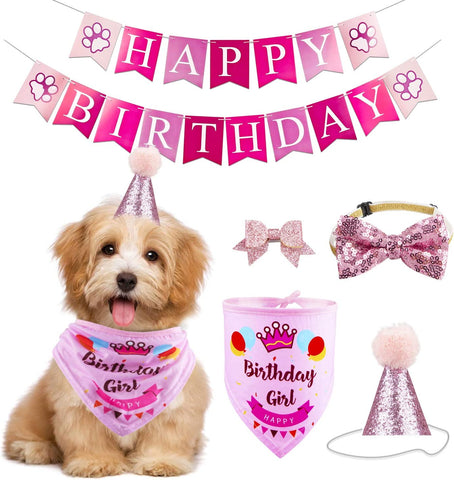 Dog Birthday Party Supplies Bandana Hat Banner Set Boy Girl Cute Bow Tie Scarf Dog Birthday Decorations (Pink，Dog Girl)